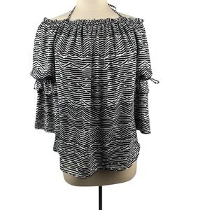White House Black Market Ruffled Black and White‎ Blouse